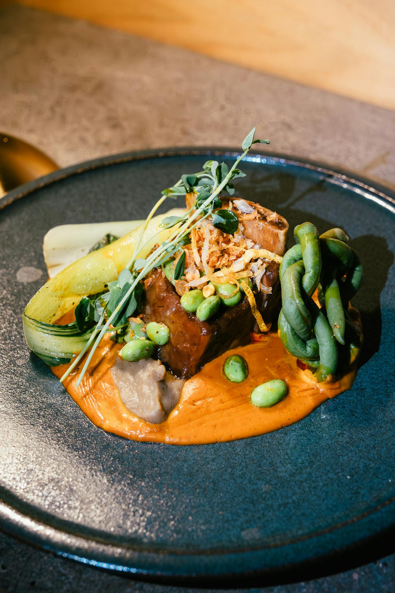 Gourmet plate featuring delicately arranged edamame, greens, and sauce, ideal for fine dining stock images.
